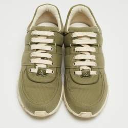 Pre Owned Chanel Army Green/White Canvas and Leather CC Low Top Sneakers Size 37.5