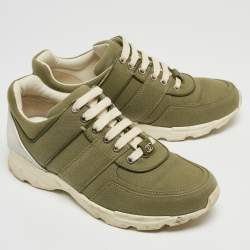 Pre Owned Chanel Army Green/White Canvas and Leather CC Low Top Sneakers Size 37.5