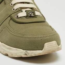 Pre Owned Chanel Army Green/White Canvas and Leather CC Low Top Sneakers Size 37.5