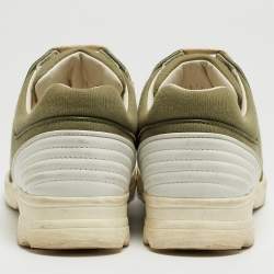 Pre Owned Chanel Army Green/White Canvas and Leather CC Low Top Sneakers Size 37.5