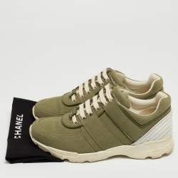 Pre Owned Chanel Army Green/White Canvas and Leather CC Low Top Sneakers Size 37.5