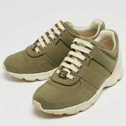 Pre Owned Chanel Army Green/White Canvas and Leather CC Low Top Sneakers Size 37.5