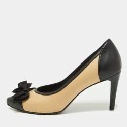 Pre Owned Chanel Beige/Black Leather Bow Cap Toe Pumps Size 40