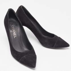 Chanel Black Suede Cap Toe Pointed Pumps Size 37.5