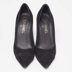 Chanel Black Suede Cap Toe Pointed Pumps Size 37.5