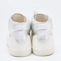 Pre Owned Chanel Metallic Silver/White Leather And Rubber Lace Up High Top Sneakers Size 39.5