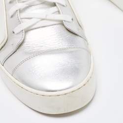 Pre Owned Chanel Metallic Silver/White Leather And Rubber Lace Up High Top Sneakers Size 39.5