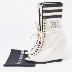 Chanel White/Black Canvas CC Wedge Peep Toe Mid Calf Boots Size 39