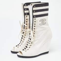 Chanel White/Black Canvas CC Wedge Peep Toe Mid Calf Boots Size 39