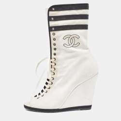 Chanel White/Black Canvas CC Wedge Peep Toe Mid Calf Boots Size 39
