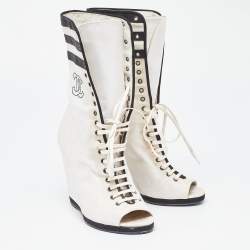 Chanel White/Black Canvas CC Wedge Peep Toe Mid Calf Boots Size 39