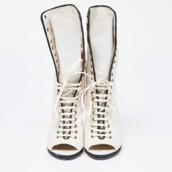 Chanel White/Black Canvas CC Wedge Peep Toe Mid Calf Boots Size 39
