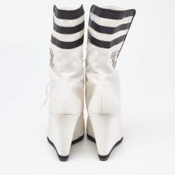 Chanel White/Black Canvas CC Wedge Peep Toe Mid Calf Boots Size 39