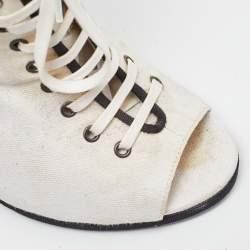 Chanel White/Black Canvas CC Wedge Peep Toe Mid Calf Boots Size 39