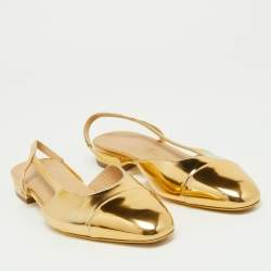 Chanel Gold Patent Leather CC Cap Toe Slingback Pumps Size 37