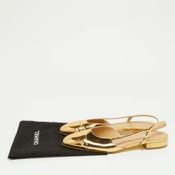 Chanel Gold Patent Leather CC Cap Toe Slingback Pumps Size 37