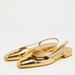 Chanel Gold Patent Leather CC Cap Toe Slingback Pumps Size 37