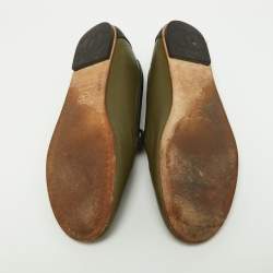 Pre Owned Chanel Khaki Green/Black Leather CC Smoking Slippers Size 37