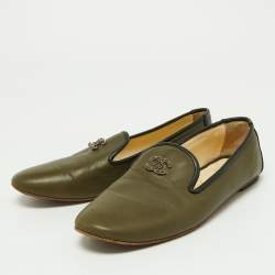 Pre Owned Chanel Khaki Green/Black Leather CC Smoking Slippers Size 37