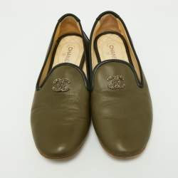 Pre Owned Chanel Khaki Green/Black Leather CC Smoking Slippers Size 37