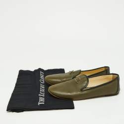 Pre Owned Chanel Khaki Green/Black Leather CC Smoking Slippers Size 37
