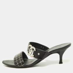 Chanel Black Cube Quilted Leather CC Slide Sandals 37