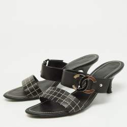 Chanel Black Cube Quilted Leather CC Slide Sandals 37