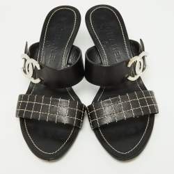 Chanel Black Cube Quilted Leather CC Slide Sandals 37