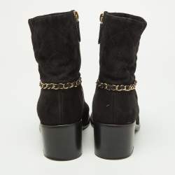 Pre Owned Chanel Black Suede Chain Link Zip Ankle Boots Size 37