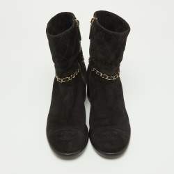 Pre Owned Chanel Black Suede Chain Link Zip Ankle Boots Size 37