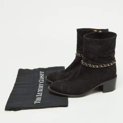 Pre Owned Chanel Black Suede Chain Link Zip Ankle Boots Size 37