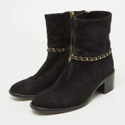 Pre Owned Chanel Black Suede Chain Link Zip Ankle Boots Size 37