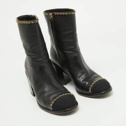 Chanel Black Leather Chain Detail Ankle Boots Size 36.5