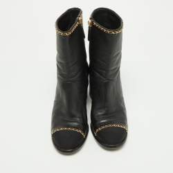Chanel Black Leather Chain Detail Ankle Boots Size 36.5