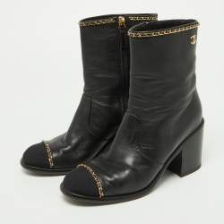 Chanel Black Leather Chain Detail Ankle Boots Size 36.5