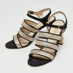 Chanel Gold/Black Glitter and Fabric Ankle Strap Sandals Size 38.5