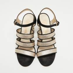 Chanel Gold/Black Glitter and Fabric Ankle Strap Sandals Size 38.5