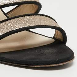 Chanel Gold/Black Glitter and Fabric Ankle Strap Sandals Size 38.5