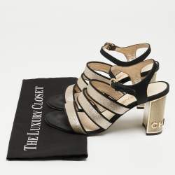 Chanel Gold/Black Glitter and Fabric Ankle Strap Sandals Size 38.5