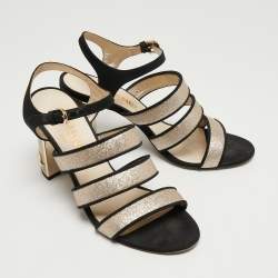 Chanel Gold/Black Glitter and Fabric Ankle Strap Sandals Size 38.5