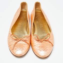 Pre Owned Chanel Pearl Orange Python CC Bow Ballet Flats Size 36.5