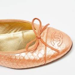 Pre Owned Chanel Pearl Orange Python CC Bow Ballet Flats Size 36.5