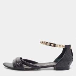 Chanel Black Leather Charm Embellished Ankle Strap Flat Sandals Size 41