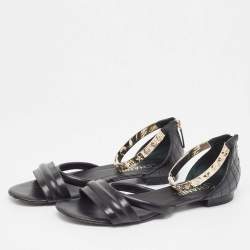 Chanel Black Leather Charm Embellished Ankle Strap Flat Sandals Size 41