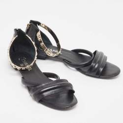 Chanel Black Leather Charm Embellished Ankle Strap Flat Sandals Size 41
