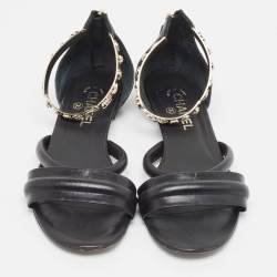 Chanel Black Leather Charm Embellished Ankle Strap Flat Sandals Size 41