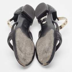 Chanel Black Leather Charm Embellished Ankle Strap Flat Sandals Size 41
