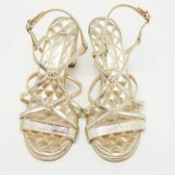 Chanel Light Gold Leather Faux Pearl Embellished CC Ankle Strap Block Heel Sandals Size 36.5