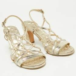 Chanel Light Gold Leather Faux Pearl Embellished CC Ankle Strap Block Heel Sandals Size 36.5
