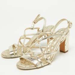 Chanel Light Gold Leather Faux Pearl Embellished CC Ankle Strap Block Heel Sandals Size 36.5